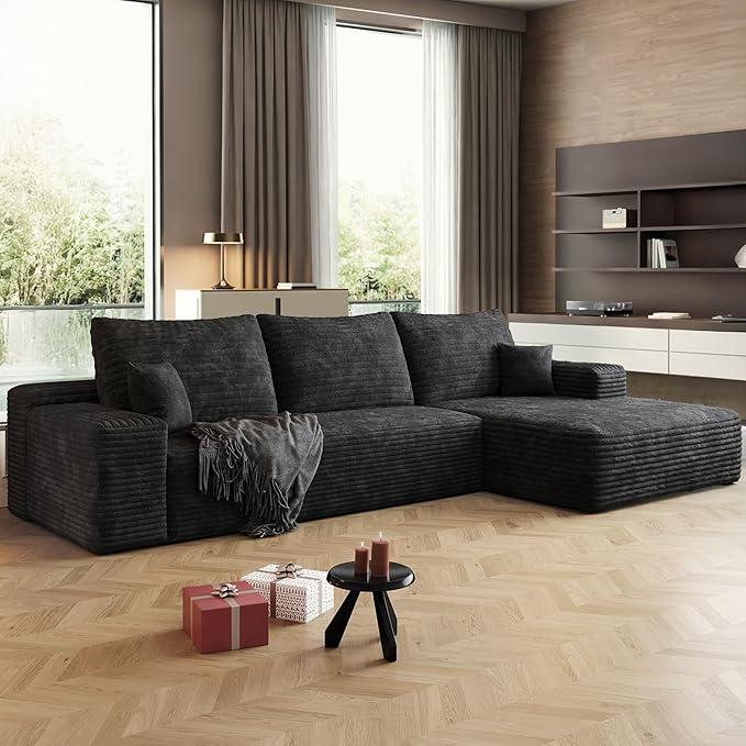 108" Sectional Couches for Living Room Cloud Couch Sofa with L-Shape Upholstered Boneless Couchs Modern Modular Sectional Couch with Chaise (Black, 108" Right Facing Chaise+2Seaters)