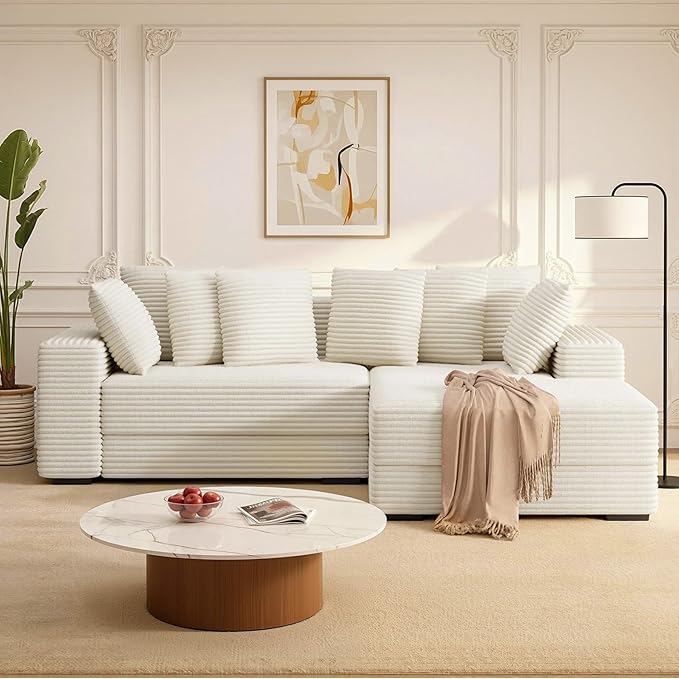 111'' Modular Sectional Cloud Couches with Chaise, L Shaped Extra Large Sleeper Couch Reversible Fluffy Corduroy with 8pcs Pillows for Living Room(Beige Right Facing Chaise)