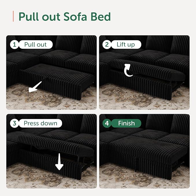 HONBAY Modular Sectional Sleeper Sofa with Pull Out Bed,Corduroy L Shaped Couch with Storage, Sectional Couches for Living Room,Black