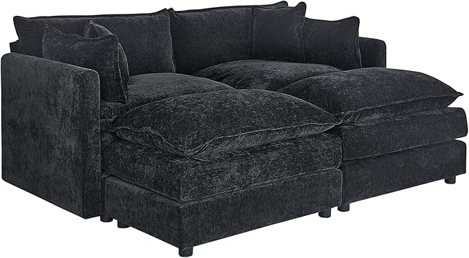 Setawix Deep Loveseat Couch with Ottomans,Large 2 Seater Lounger Cloud Couches for Living Room,77.16" Chenille Cloud Sofas with Deep Seat,Modular Sectional Sleeper Sofa for Bedroom (Black, 2+2)