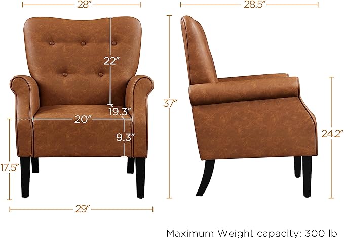 Yaheetech Modern Armchair, Mid Century PU Leather Accent Chair with Sturdy Wood Legs and High Back for Small Space, Upholstered Club Sofa for Living Room/Bedroom, Set of 2, Retro Brown