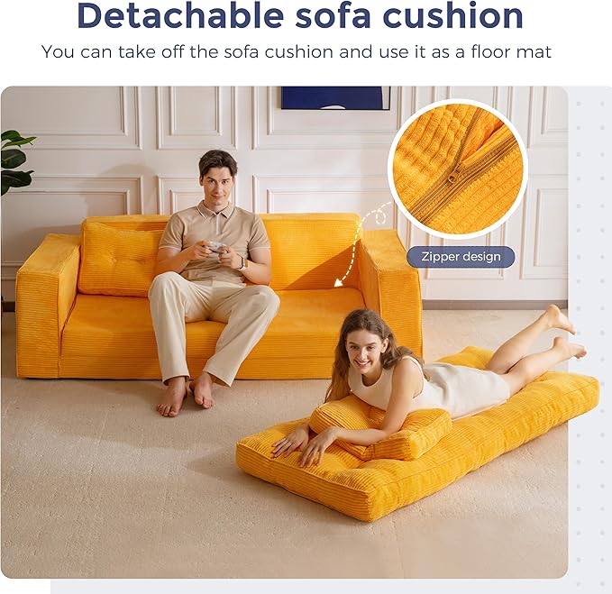 MAXYOYO Convertible Sofa Bed, Pull Out 3 Seater Sleeper Sofa, 2 in 1 Folding Couch Bed, Fold Out Floor Couch with Pillows for Living Room Bedroom, Orange