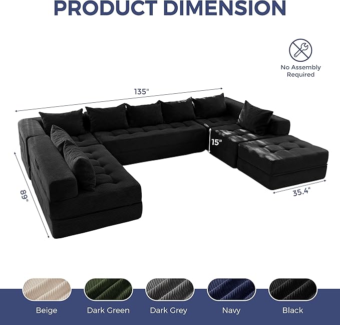MAXYOYO Modular Sectional Sofa Couch, Foldable Oversized U Shaped Cloud Couch with Pillows, Tufted Boneless Sleeper Lounger Floor Sofa Bed for Living Room, No Assembly Required, Black