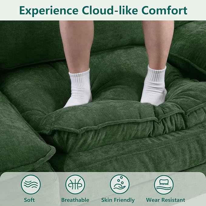 Modular Sectional U Shaped Sofa Couches for Living Room, Cloud Couch with Movable Ottoman, Comfy Chenille Sofa with Pillow for Bedroom and Apartment,Green
