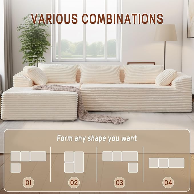 110" L-Shaped Modular Sectional Sofa with Chaise, Boneless Comfy Corduroy Fluffy Couch with Deep Seat and Side Pockets, Flexible Module Combination for Living Room, No Assembly, Side Pockets