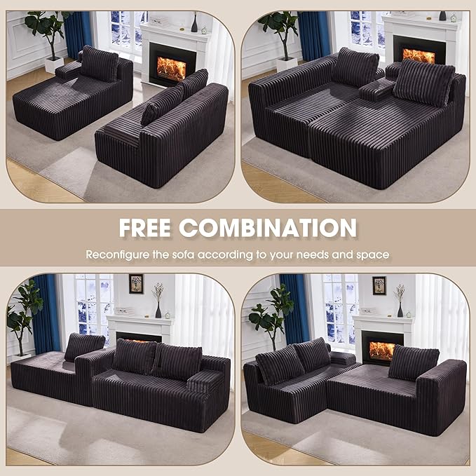 Modular Sectional Sofa Couches L-Shape Couch 3 Seat Modular Sofa Memory Foam Sectional Couches for Living Room, Cloud Couch with Oversized Chaise (Grey Stripe, 98" Left Facing Chaise)