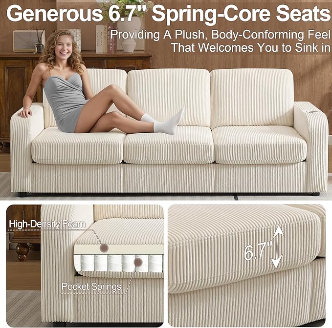 87.4" Oversized 3 Seater Couch,Upholstered Sofa for Living Room,Modern Deep Seat Comfy Loveseat Couches with Cup Holders, Love Seat Sofa Corduroy (Beige)