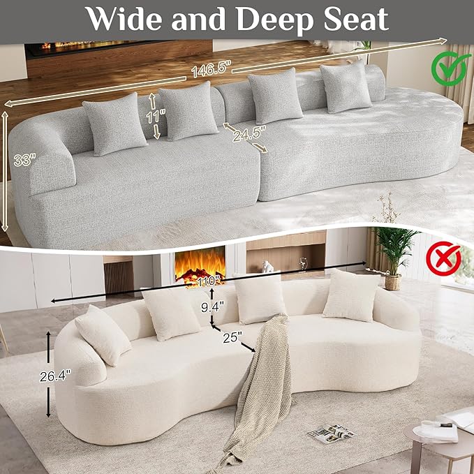 147" Oversized Sectional Sofa for Living Room, Large Modern Chenille Curved Cloud Couch, Luxury Plush 6-Seater Extra Deep Seat Boucle Boneless Couch, No Assembly Required, Beige White