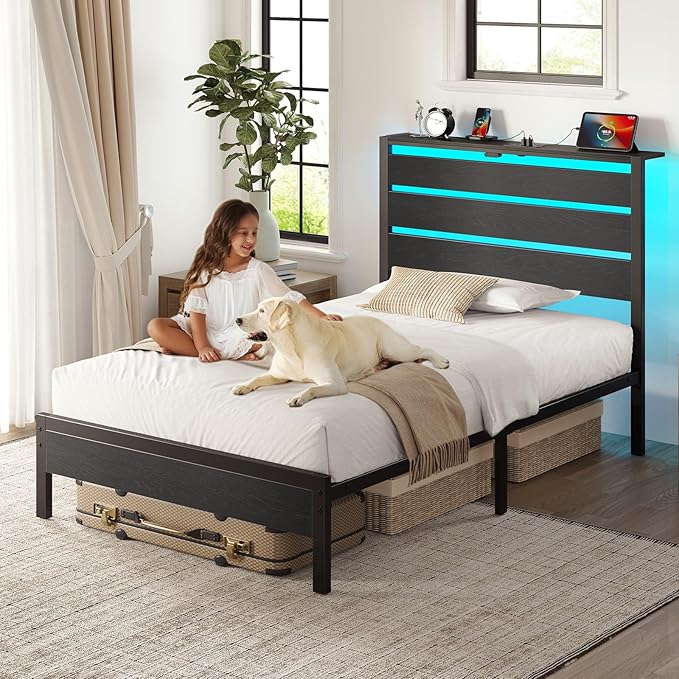 Rolanstar Twin Bed Frame with LED Lights and Charging Station, Wood Storage Headboard and Under Bed Storage, Metal Platform Bed, Easy Assembly, No Box Spring Needed, Balck Oak