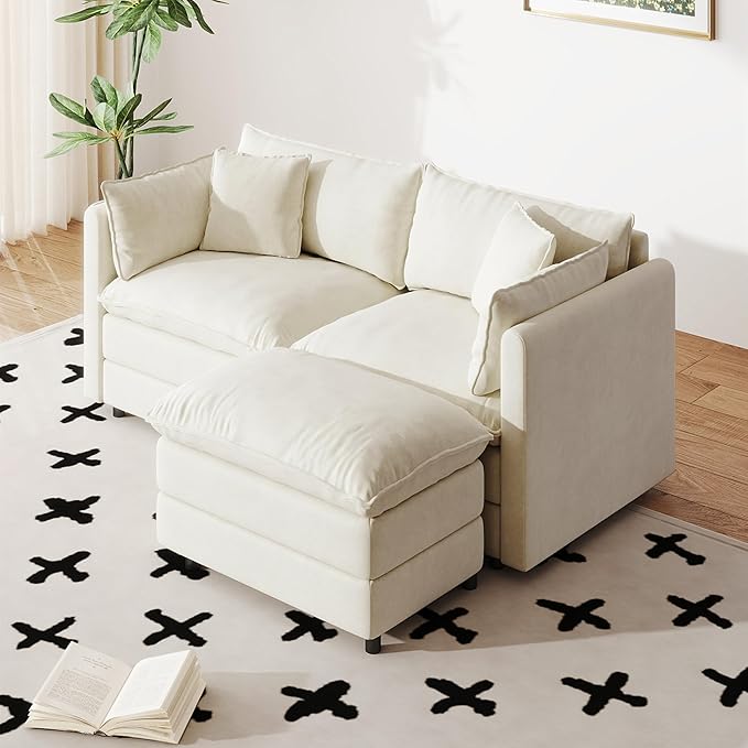 Setawix Deep Loveseat Couch with Ottoman,Large L-Shaped 2 Seater Cloud Couches for Living Room,77.16" Chenille Cloud Sofas with Deep Seat,Modular Sectional 2 Seat Sofa for Bedroom (Beige, 2+1)
