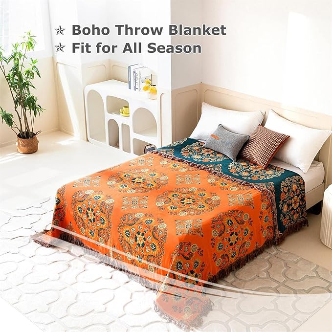 Boho Throw Blanket for Bed 100% Cotton Soft Lightweight Quilt Floral Embroidery Home Decor Spring Breathable Orange Bed Blankets,80"x90" All Season Reversible Blankets for Sofa Couch Chair
