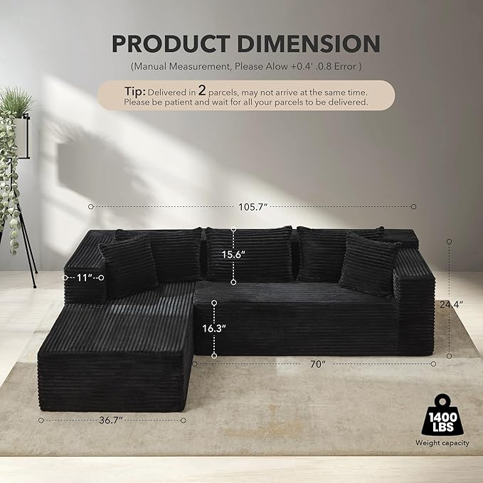 Garvee Modular Sectional Sofa Cloud Sectional Couch, 106" Comfy Fluffy L Shaped Couches for Living Room,Oversized Sofa Sleeper with Deep Seat, No Assembly Required