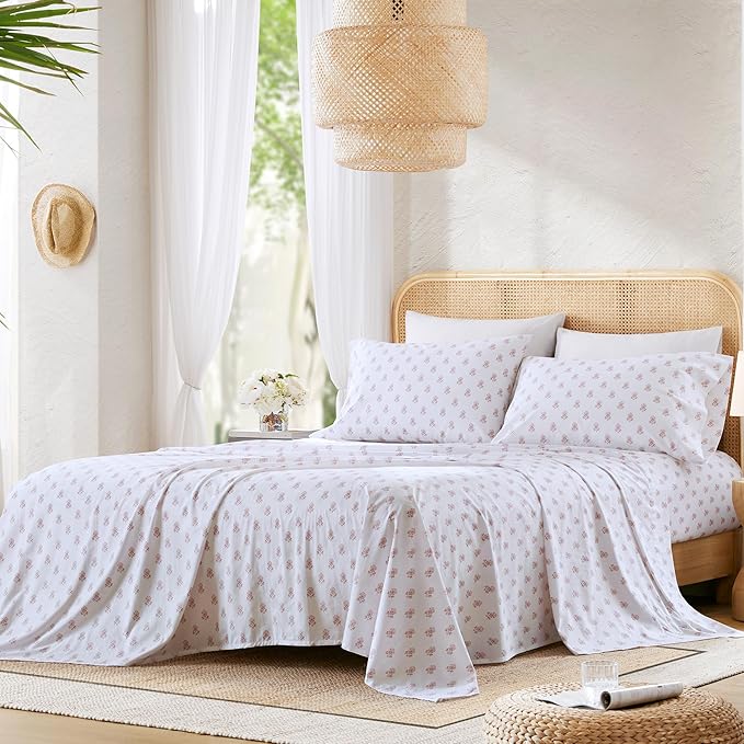 Comfort Spaces 100% Cotton Sheets King, Breathable, Naturally Cool Cotton Sheets, Soft Cotton Bed Sheets with 14" Elastic Pocket Fits up to 16" Mattress, All Seasons Sheet Set, Floral Pink 4 Piece