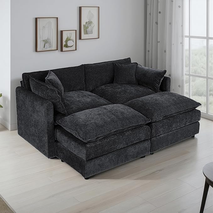Setawix Deep Loveseat Couch with Ottomans,Large 2 Seater Lounger Cloud Couches for Living Room,77.16" Chenille Cloud Sofas with Deep Seat,Modular Sectional Sleeper Sofa for Bedroom (Black, 2+2)
