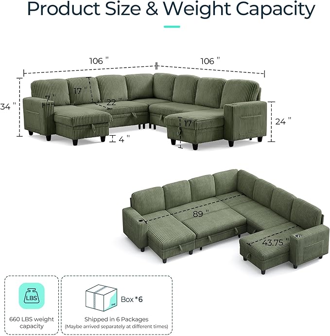 LINSY HOME Sectional Sleeper Sofa Pull Out Couches for Living Room (Green, Sleeper Sofa 5) | Pull Out Sofa Bed, Storage, USB Charging, Cup Holders, Plush Corduroy