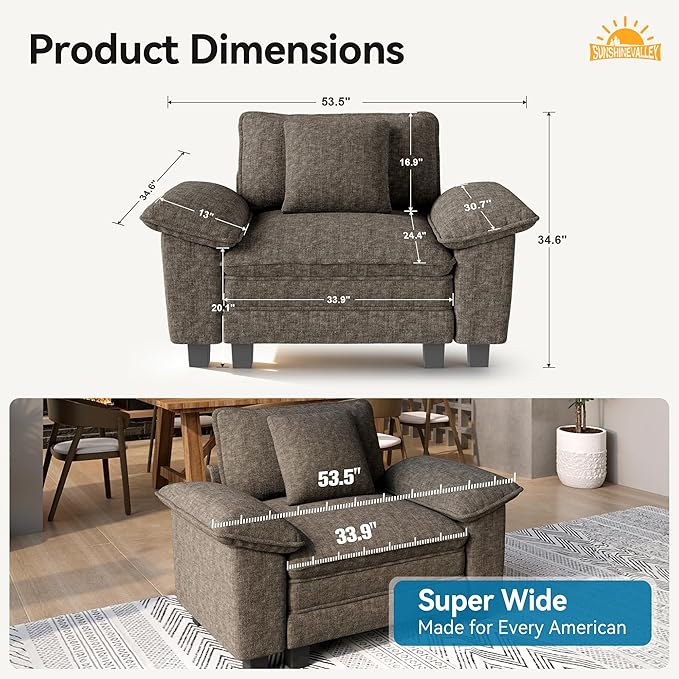 53.5'' Oversized Accent Chair, Chenille Single Seat Modular Sofa Chair with Wider Armrest and Pillow, Modern Cloud Deep Seat Armchair for Bedroom Living Room, Smoky Grey
