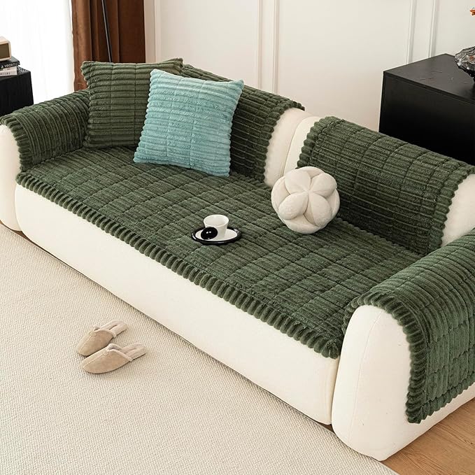 Sofa Couch Cover, Sofa Covers for Dogs Washable, Non-Slip Striped Sofa Slipcovers for Sectional Sofa, Sofa Cover Furniture Protector for L Shaped(Dark Green, 27.6"x 70.9")