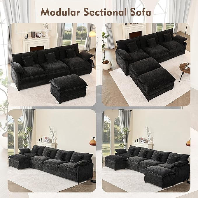108" U Shaped Couch, Modular Sectional Sofa, 3-Seater Comfy Cloud Couch, Set of Modular Pieces with Movable Ottoman, Deep Seat Couches for Living Room, Chenille, Black