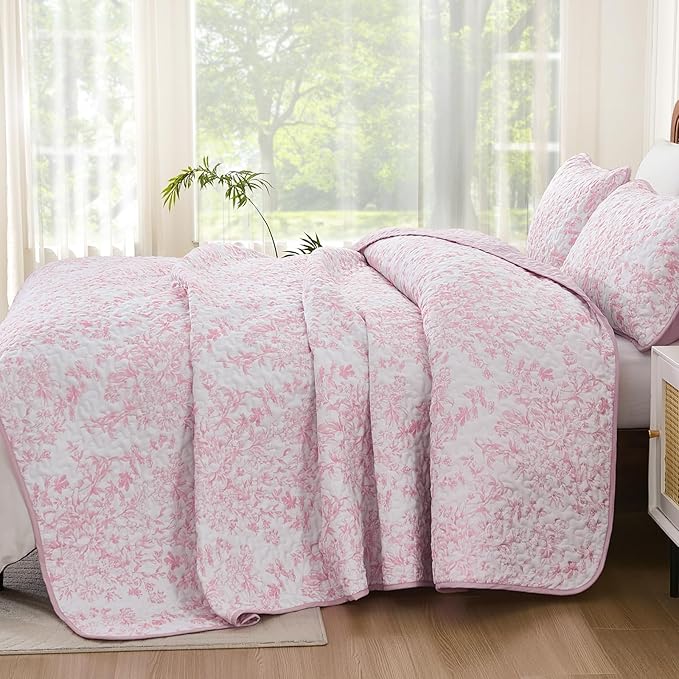 WONGS BEDDING Quilt King Size, Pink Quilt Bedding Set with 2 Pillowcases, Botanical Quilt for King Bed, Soft Microfiber Lightweight Coverlet Bedspread for All Season (110"×90", 3 Pieces)