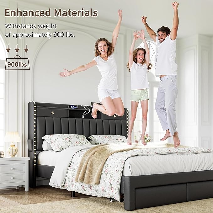 CypBed Queen Bed Frame with Headboard, Upholstered Platform Bed Frame Queen Size with 4 Storage Drawers, 3 USB & Type-C Charging Ports, Solid Wood Slats, No Box Spring Needed, No-Noise, Black,Gifts