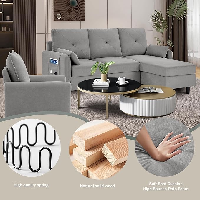 Convertible Sectional Sofa, 77" Small L Shaped 3 Seat Couch with Reversible Storage Chaise, and Accent Chair Set Modern Polyester Fabric Sofa Couches for Living Room, Apartment, Light Grey