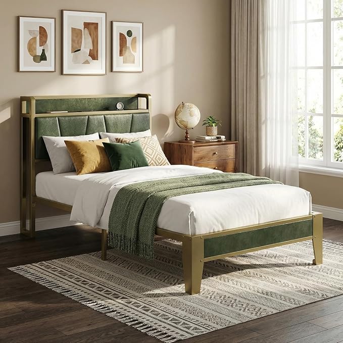LIKIMIO Twin XL Bed Frame, Storage Headboard with Charging Station, Solid and Stable, Noise Free, No Box Spring Needed, Easy Assembly (Dark Green)