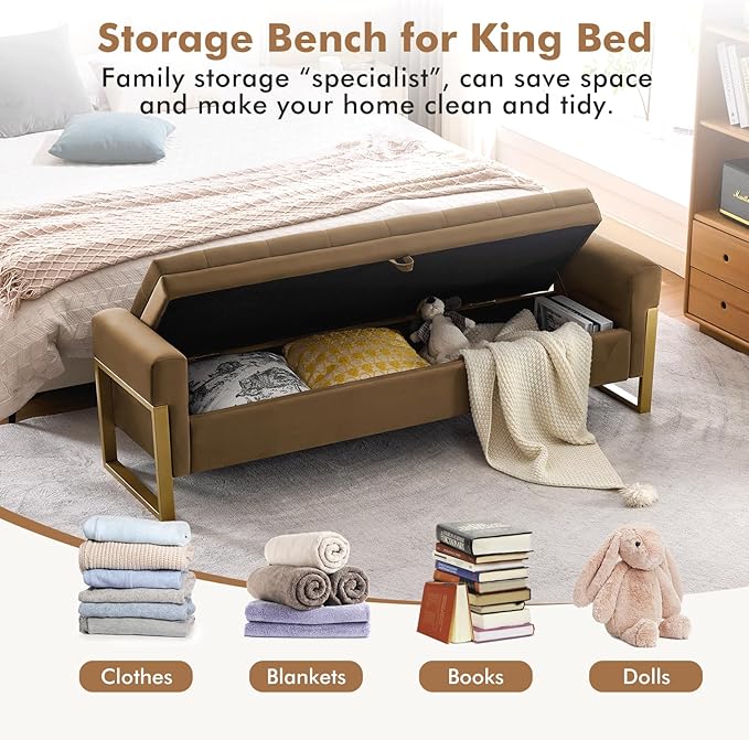 67" End of Bed Storage Bench King Size, Velvet Storage Bench for Bedroom Foot of Bed, Upholstered Storage Ottoman Bench with Gold Legs for Window Living Room Entryway, Brown