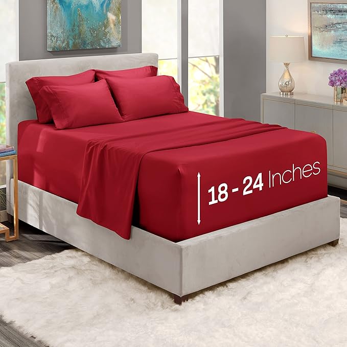 Hearth & Harbor Extra Deep Pocket Sheets - Fits Mattress 18-24 Inches Deep - Extra Deep Pocket Split King Size Sets - 7 Piece Split King Size - Burgundy