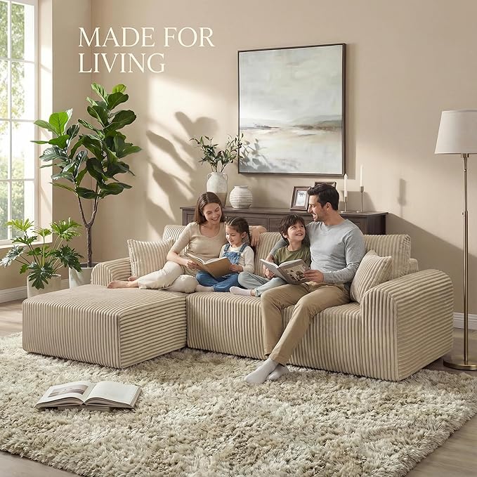 109“L-Shaped Sectional Sofa Boneless Couch Upholstery Cloud Modular Couch with Chaise No Assembly Required Corduroy Fabric Combination Deep Seat Living Room Bedroom(Camel, Left Hand Facing)