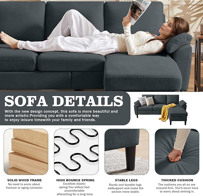 79" Convertible Sectional Sofa, Modern Linen Small L Shaped Couch with Reversible Chaise and Storage Ottoman, 3-Seat Sofa Couches for Living Room, Office, Apartment, Dark Grey