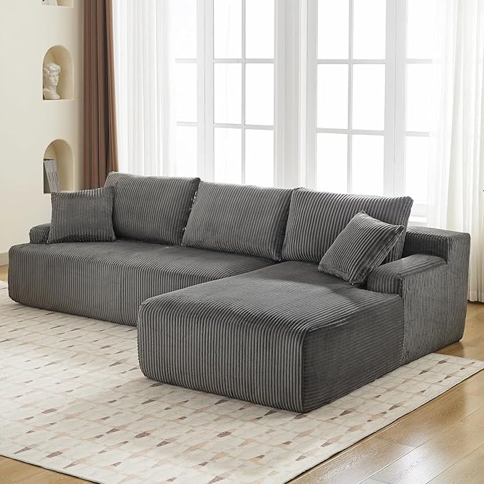 Sectional Cloud Boneless Couch 106" Modern Comfy L-Shape Corner No Assembly Required Convertible Compression Sleeper Modular Sofa with Corduroy Fabric Deep Seat Loveseat + Chaise for Living Room