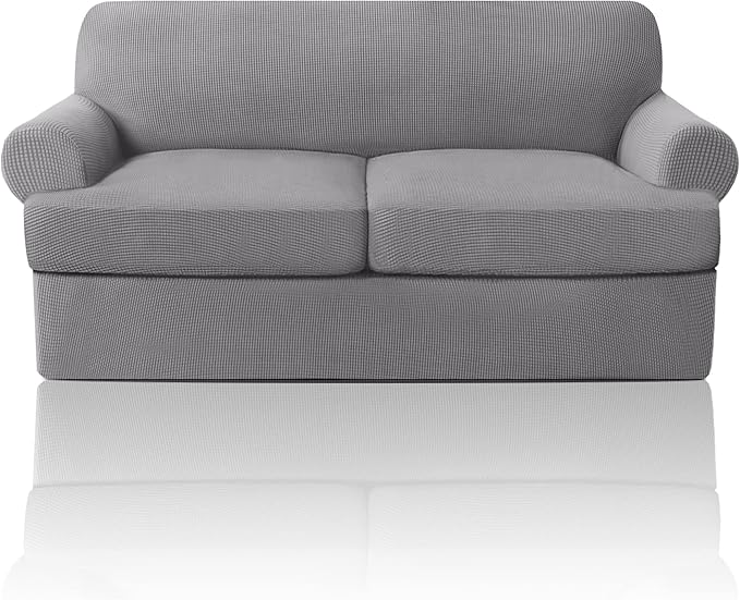 PrinceDeco T Cushion Loveseat Slipcover 3 Pieces Sofa Covers for T Cushion Sofa Stretch Slip Covers for 2 Cushion Couch with 2 Individual T Shape Seat Covers Width Up to 76"- Washable, Dove