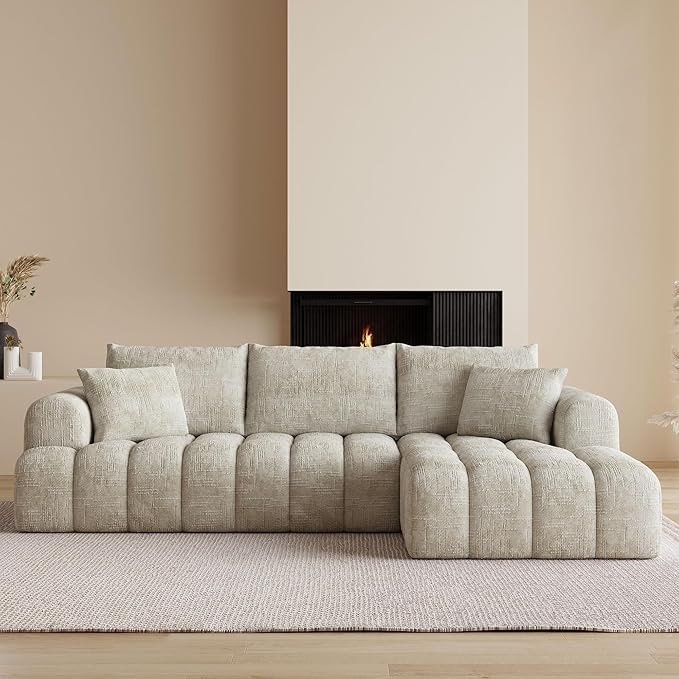 108" Cloud Sectional Couches for Living Room, Boneless L-Shaped Sofa with Pillow 3 Seater Modular Sectional Sofa (Khaki)