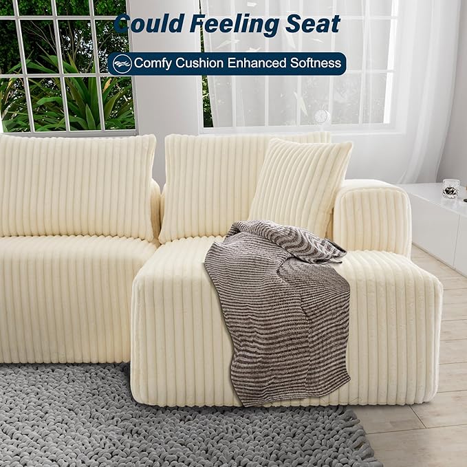 3 Seater L Shaped Sofa with Deep Seat, 101" Cloud Sectional Couch with Chaise, Cozy Modular Couches Sleeper, Oversized Corduroy Sofa for Living Room Bedroom Apartment, Beige