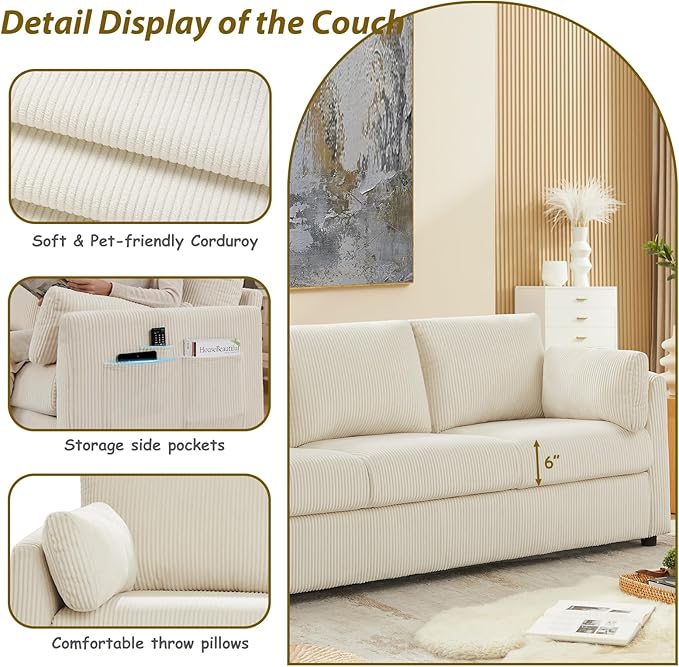 3 Seater Couches for Living Room, 79" Modern Corduroy Sofa with 2 Pillows and Storage Pockets, Small Beige Couches for Apartment, Small Spaces, Home Office