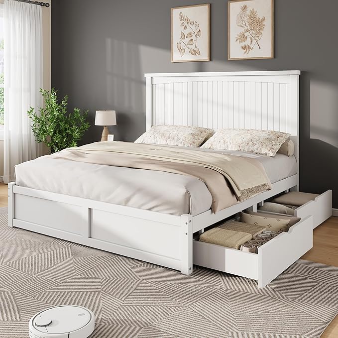 AMERLIFE Solid Wood King Size Storage Bed Frame with Headboard, Platform Bedframe with 2 Storage Drawers, Beadboard Design & Wooden Slats/No Box Spring Needed/Noise-Free, Coastal White Finish