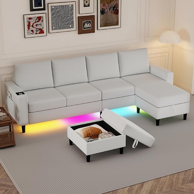 U Shaped Sectional Couches for Living Room, 109" Linen Cloud Couch with Chaise Lounge/Storage Ottoman, 4 Seat Sectional Sofa with Smart Module-Wireless Charging/USB/Type-C/RGB Lights (White)