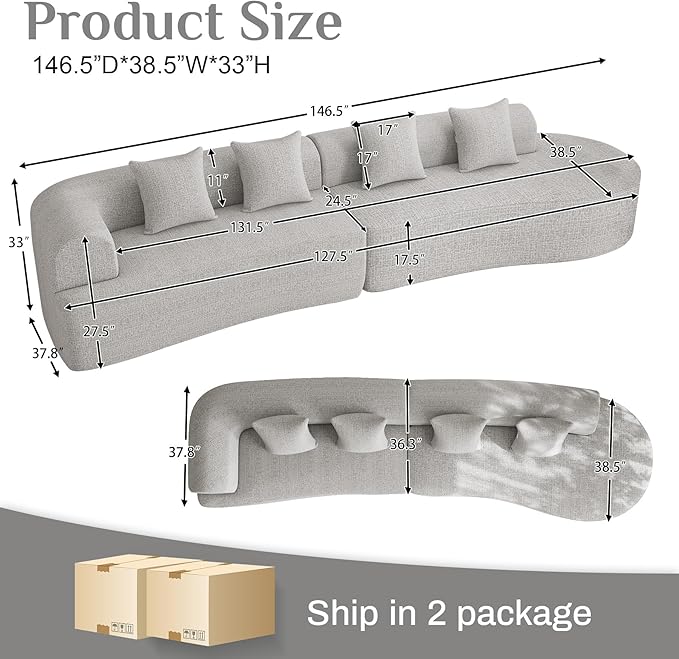 147" Oversized Sectional Sofa for Living Room, Large Modern Chenille Curved Cloud Couch, Luxury Plush 6-Seater Extra Deep Seat Boucle Boneless Couch, No Assembly Required, Beige White