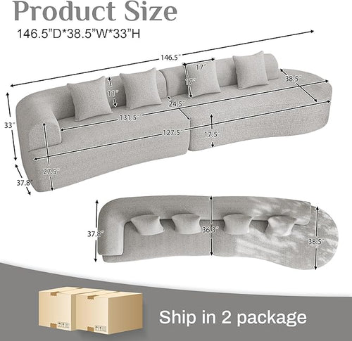 147" Oversized Sectional Sofa for Living Room, Large Modern Chenille Curved Cloud Couch, Luxury Plush 6-Seater Extra Deep Seat Boucle Boneless Couch, No Assembly Required, Beige White