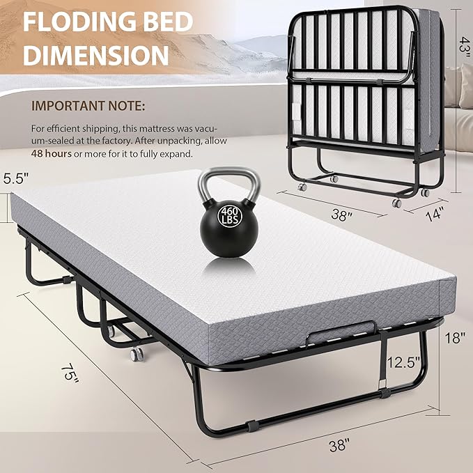 Decofy Folding Bed with Memory Foam Mattress, Portable Rollaway Guest Beds on Wheels, 75"x38" Twin Size Space-Saving Cot-Size Bed for Adults with Easy Assembly Metal Frame (White)