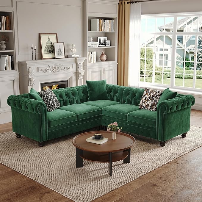 ONBRILL Velvet Chesterfield Sofa, L Shaped Sectional Sofa with Tufted Back & Rolled Arms, 3 Throw Pillows, Small Corner Sectional Couch for Living Room, Apartment, Green | Velvet Fabric