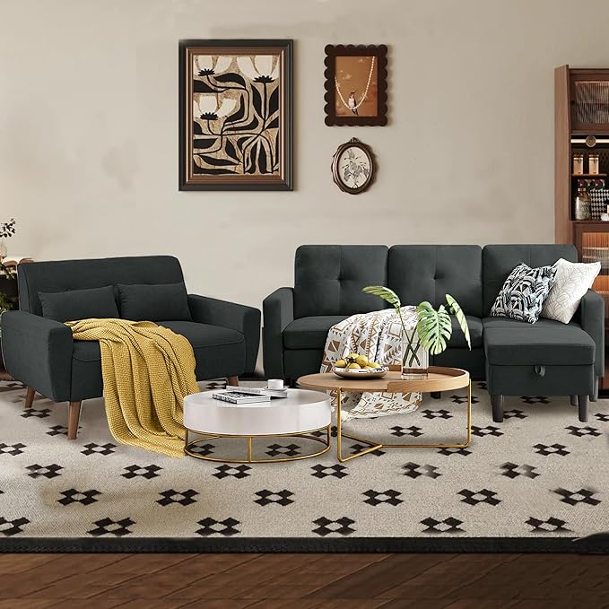 Convertible Sectional Sofa Set, Small L Shaped 3-Seat Couch with Reversible Chaise and Accent Chair, Modern Polyester Sofas Couches for Living Room, Black