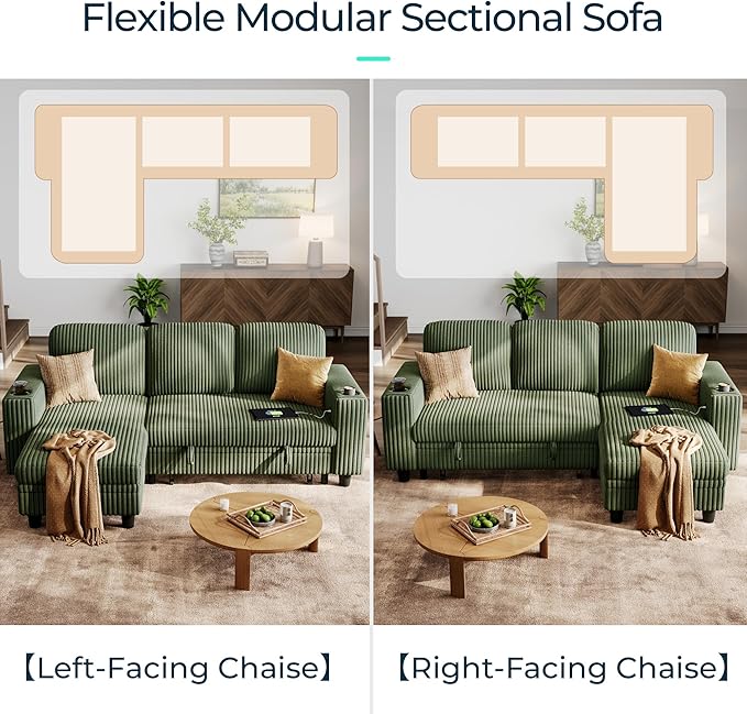 LINSY HOME Sectional Sleeper Sofa with Pull Out Couch Bed for Living Room (Green) | Plush Corduroy, Storage Ottoman, Storage Chaise, Pull Out Couch, USB Charging