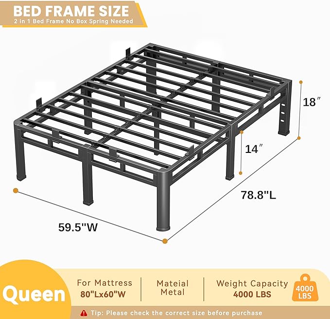 Queen Bed Frame Heavy Duty, 18 Inch Metal Double Layer Steel 4000 lbs Capacity, Platform with Large Under Bed Storage Space, No Box Spring Needed, Noise-Free, Easy Assembly
