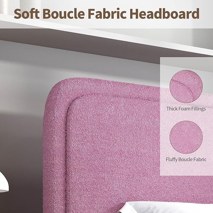 BarnFurin Twin Size Bed Frame, Boucle Upholstered Platform Bed Frame with Headboard, Soft Rounded Corners, No Box Spring Required, Non-Slip and Noise-Free, Easy Assembly, Rose Pink