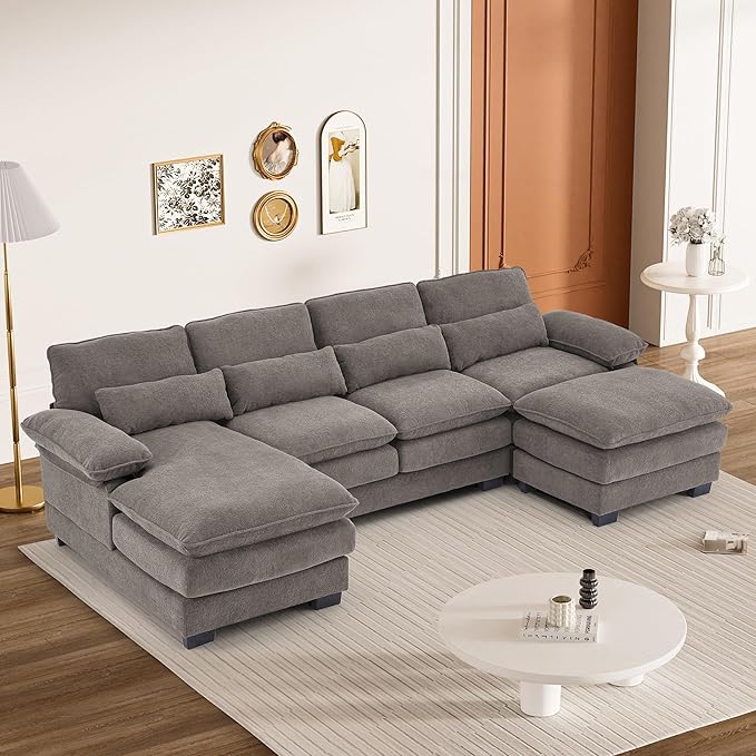 113" Cloud Couch Sectional Modular Sofa U Shaped Sectional Couches for Living Room Comfy 5-Seater Deep Seat Couch Chenille Cloud Sectional Sofa with Movable Ottoman & 4 Pillows, Stone Grey