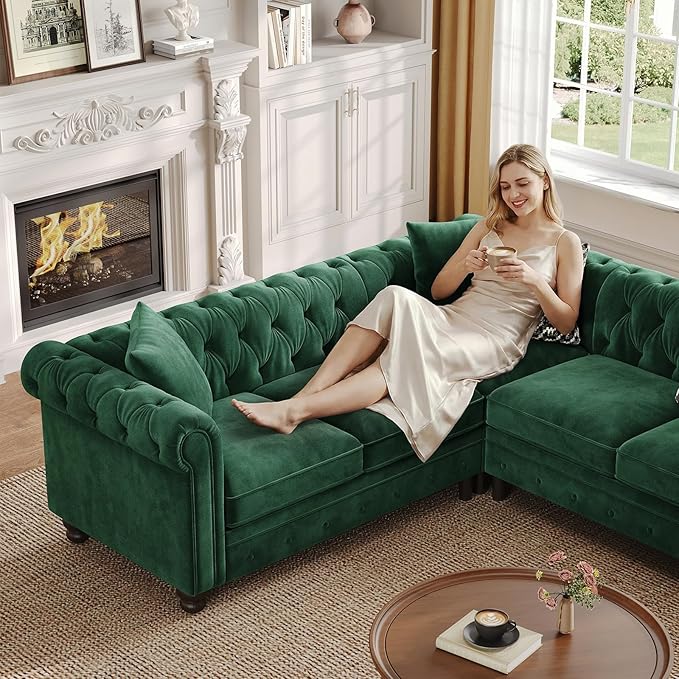 ONBRILL Velvet Chesterfield Sofa, L Shaped Sectional Sofa with Tufted Back & Rolled Arms, 3 Throw Pillows, Small Corner Sectional Couch for Living Room, Apartment, Green | Velvet Fabric