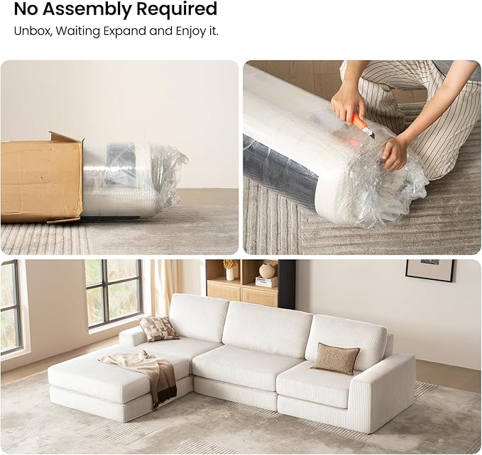 Modular Sectional Boneless Sofa, 160.63" Oversized Modern Cloud Couch Sectional Sofa with U-Shaped Chaise Comfy Corduroy Fluffy Couch with Deep Seat Couches for Living Room Bedroom, White