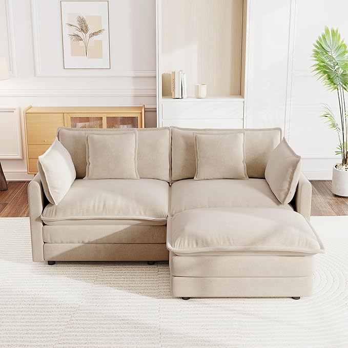 mikibama Modular Sectional Sofa, 76.4 Inch L Shaped Couch Set for Living Room, Loveseat Comfy Cloud Couches with Movable Ottoman, DIY Combination, Chenille, Light Coffee