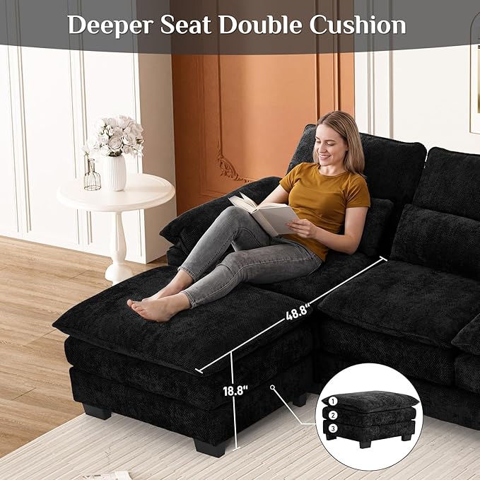 114" Cloud Couch Sectional Modular Sofa U Shaped Sectional Couches for Living Room Comfy 5-Seater Deep Seat Couch Chenille Cloud Sectional Sofa with Movable Ottoman & 4 Pillows, Jet Black